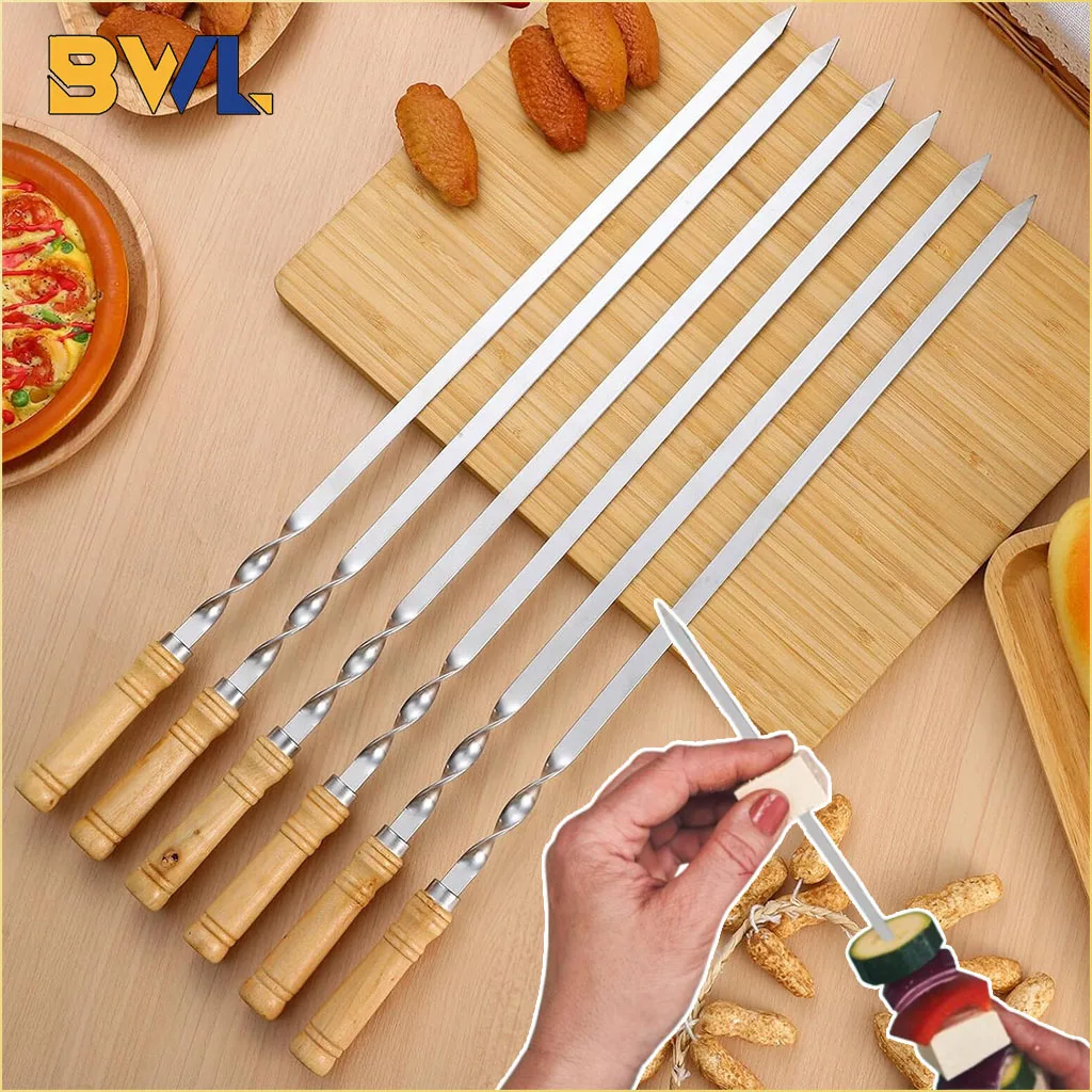 BBQ Fork BBQ Skewers 6-24PCS 55cm Long Handle Kebab Barbecue Grill Sticks Reusable Stainless Steel Outdoor Camping Grill Needle