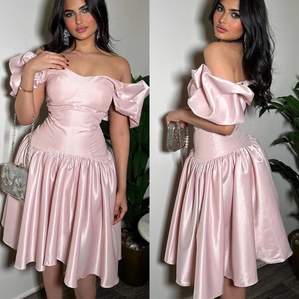 Jiayigong Sparkle  Prom Satin Ruffles Wedding Party A-line Off-the-shoulder Bespoke Occasion Gown Knee Length Dresses