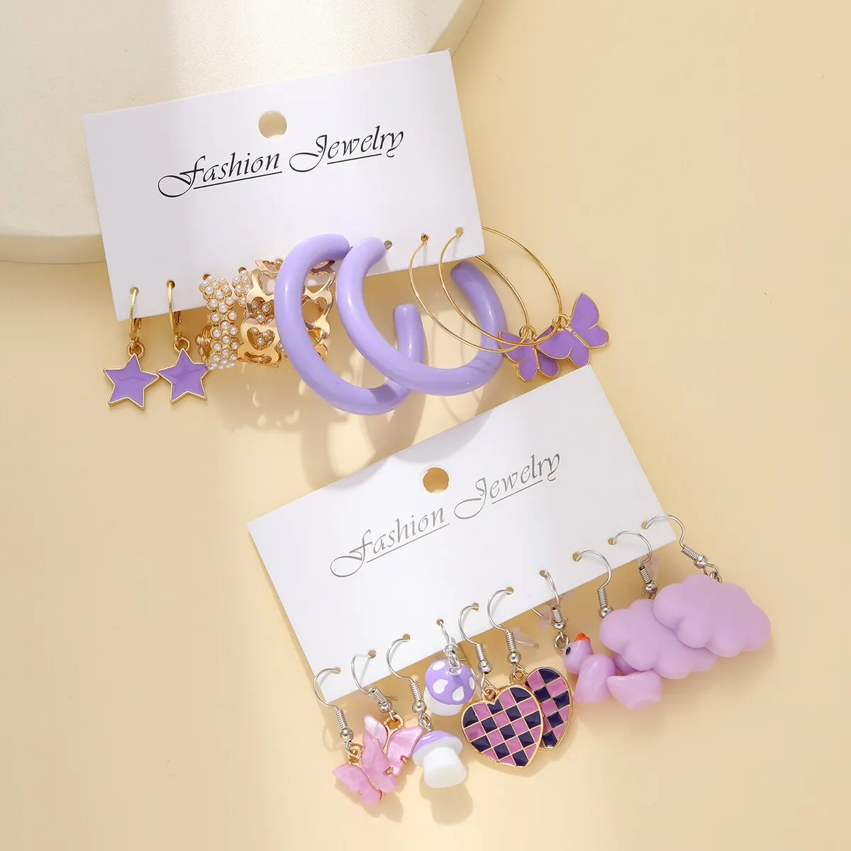 S95a730b0227f412dbfd2391a4ec025b8b 10pcs Set of Ladies Earrings Purple Pentagram Creative Pearl Duck Mushroom Cartoon Earrings Mallzona