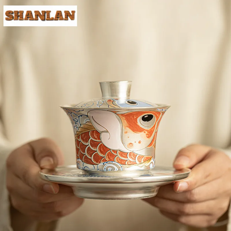 150ml Gilt Silver Sancai Gaiwan Creative Auspicious Dragon Cover Bowl Retro Tea Tureen Tea Maker Cafes Gift Chinese Ornaments