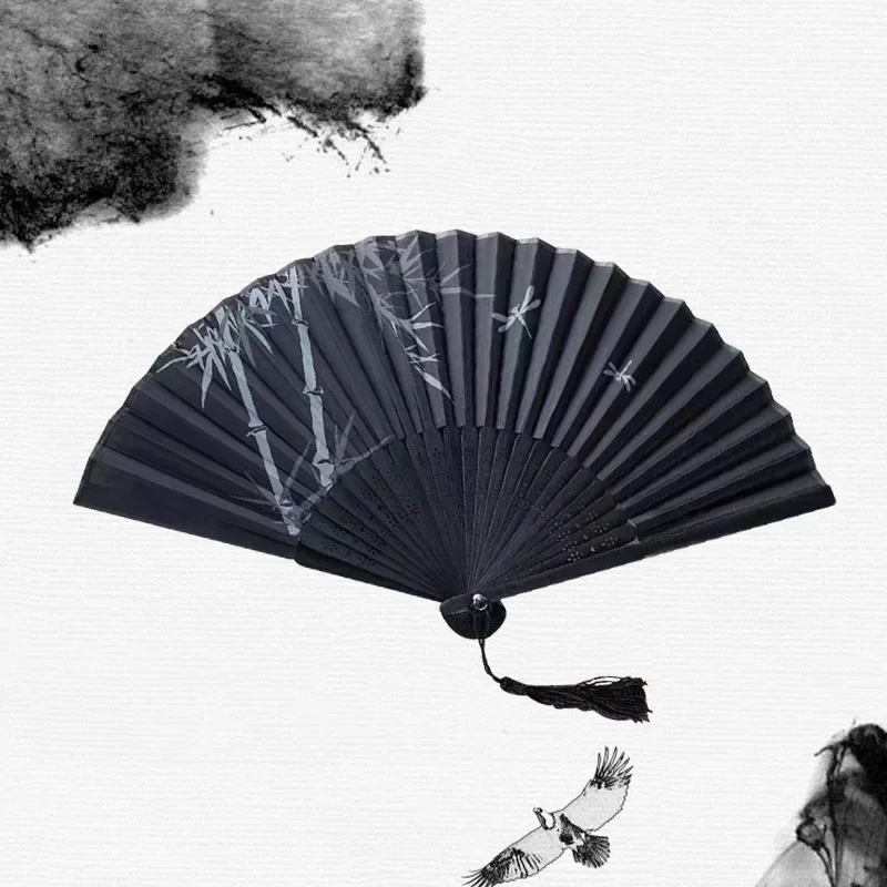 Elegant Silk Folding Fan with Wooden Shank and Tassel – Classical Design for Dance and Home Décor