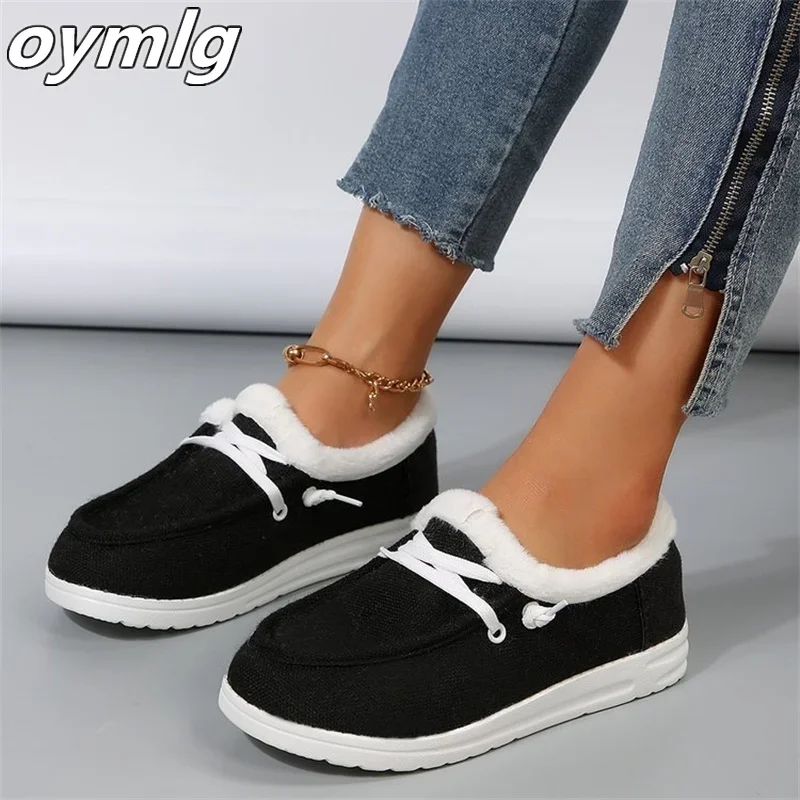 

Large plush and warm women's shoes 2024 winter new flat bottomed round toe casual plush cotton shoes for women