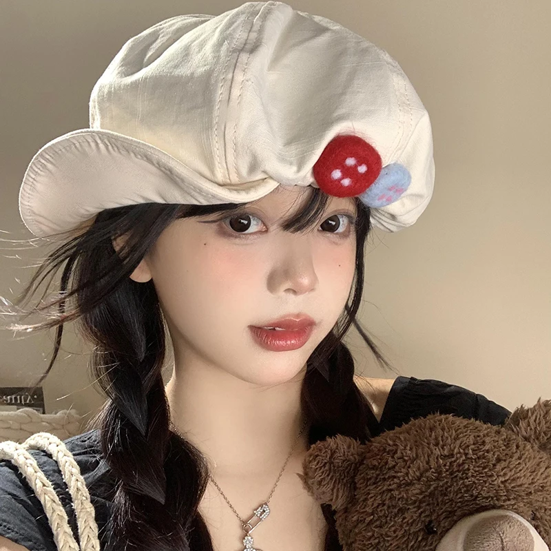 여성용 문학적 다채로운 펠트 단추 디자이너 베레모 모자, 작은 얼굴 표시, 일본 레트로 오버사이즈 팔각형 뉴스보이 모자