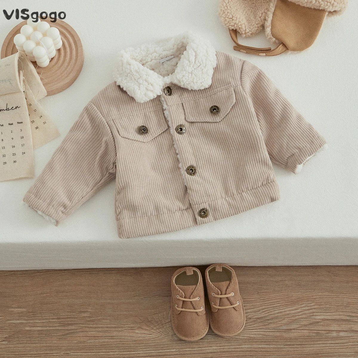 Baby Jacket VISgogo Toddler Boys Girls Autumn Winter Coat Beige Long Sleeve Lapel Button Down Corduroy Fleece Jacket Outerwear kids clothes baby jacket