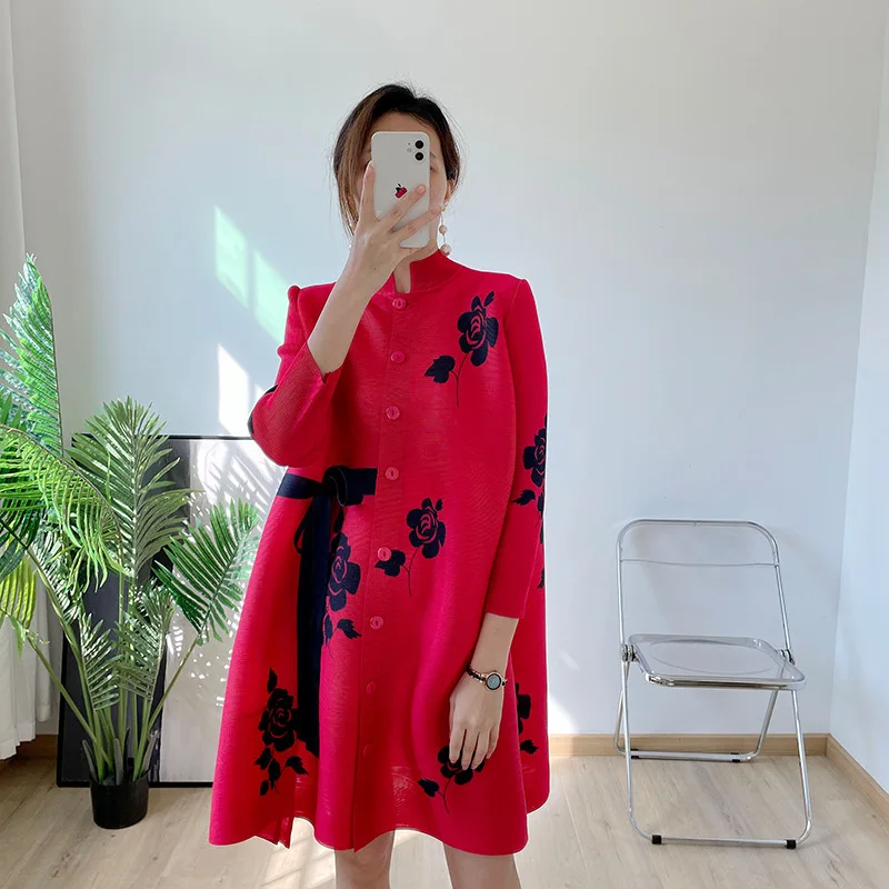 

COZOK Flower Printing Pleated Dress Women 2024 New Single Breasted Stand Collar Drawstring Loose Elegant Dresses Female WT143