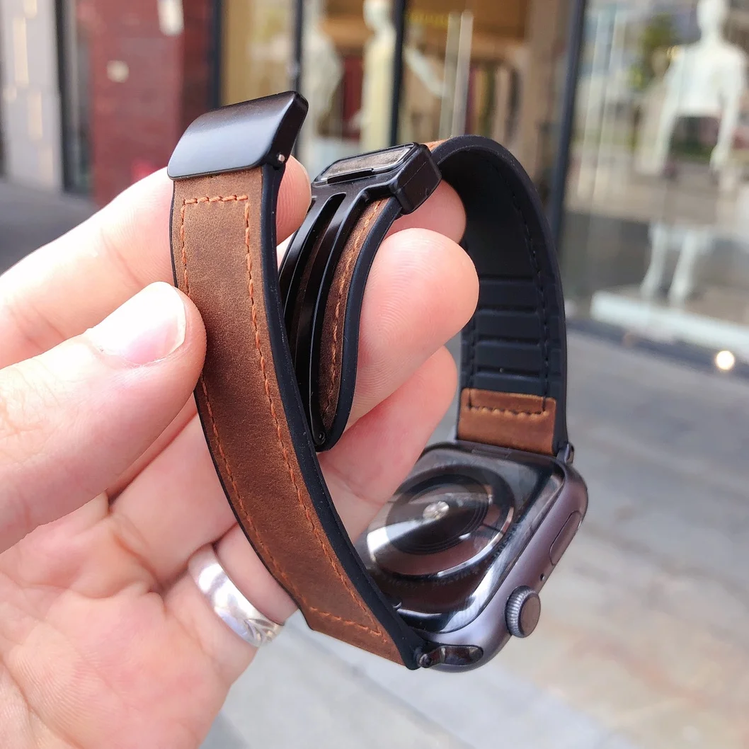 Magnetic Leather & Silicone Apple Watch Bracelet Band