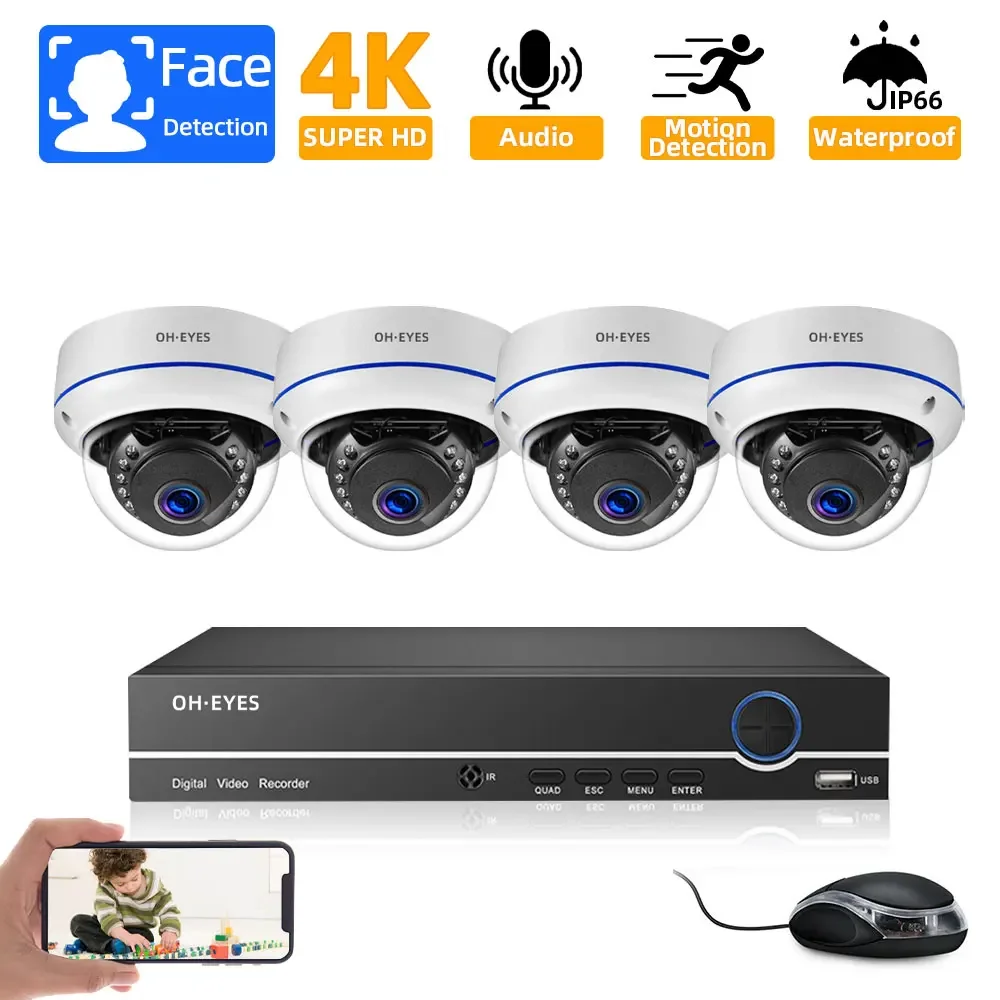 XMEYE 4CH POE NVR 키트 4K POE 보안 카메라 시스템 오디오 녹음 실내 실외 돔 방수 비디오 감시 세트 8CH