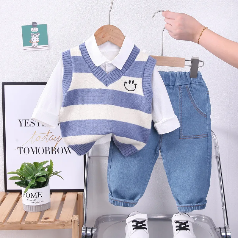 Toddler Boy Striped Vest, Shirt & Jeans Set 2
