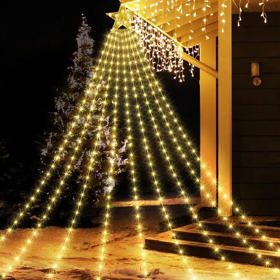 9X3M 288 LED árbol de Navidad luces de carámbanos de hadas luces de cadena  de cascada al aire libre adorno de árbol de Navidad luz de estrella para  decoración de jardín, image size:900x900