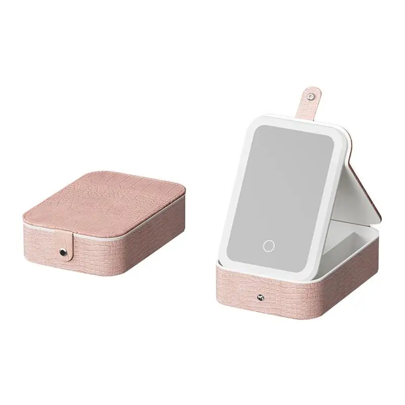 

Коробка для хранения косметики с зеркалом, компактная коробка для макияжа с текстурой крокодиловой кожи, зеркало для макияжа со светодиодной подсветкой, товары для ухода за кожей