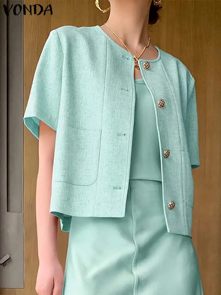 

Fashion Women Elegant Blazer VONDA 2023 Summer Sexy Short Sleeve Outwear O-Neck Streetwear Solid Coats Casual OL Style Blazer
