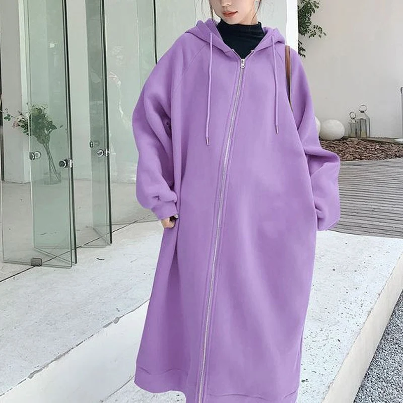 Autumn Winter New Solid Color Fashion Long Sleeve Hoodies Women Casual Loose Zipper Pocket Plus Velvet Warm All-match Longcoat