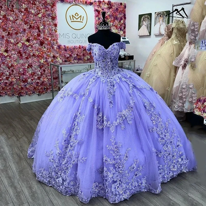 

Lilac Princess Quinceanera Dresses Ball Gown Off The Shoulder Appliques Lace Sweet 16 Dresses 15 Años Mexican