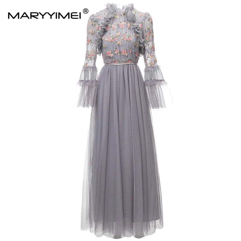 

MARYYIMEI New Fashion Runway Designer Women's Clothing Long Sleeve Ruffled Embroidery Retro Elegant Banquet Evening Dress