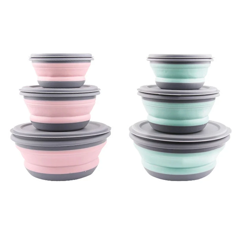 3Pcs 실리콘 휴대용 접이식 도시락 그릇 세트 뚜껑 포함 야외 캠핑 식기류 식품 용기 접이식 샐러드 그릇