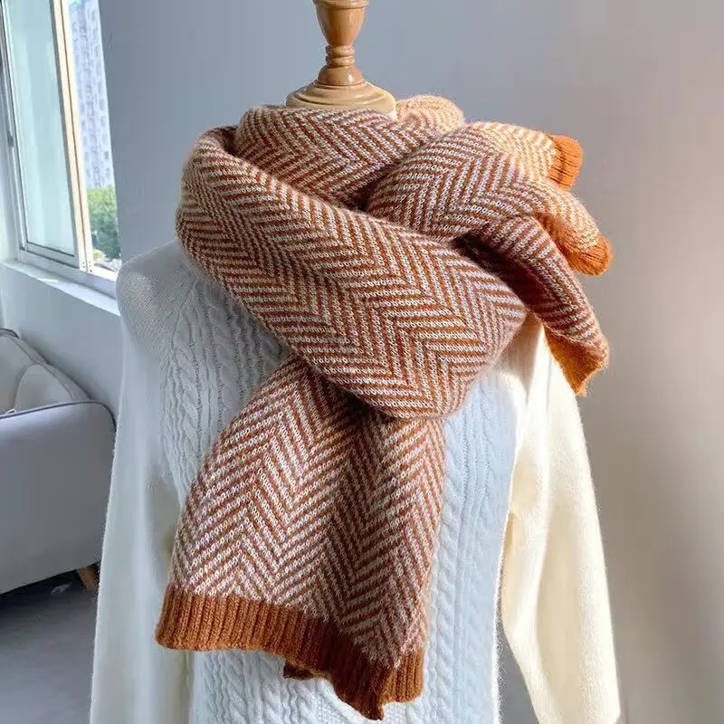 MoriBty Winter Knitted Scarf Women Luxury Design Striped Shawl Wraps Unisex Warm Windproof Pashmina Neckerchief Hijab for Ladies