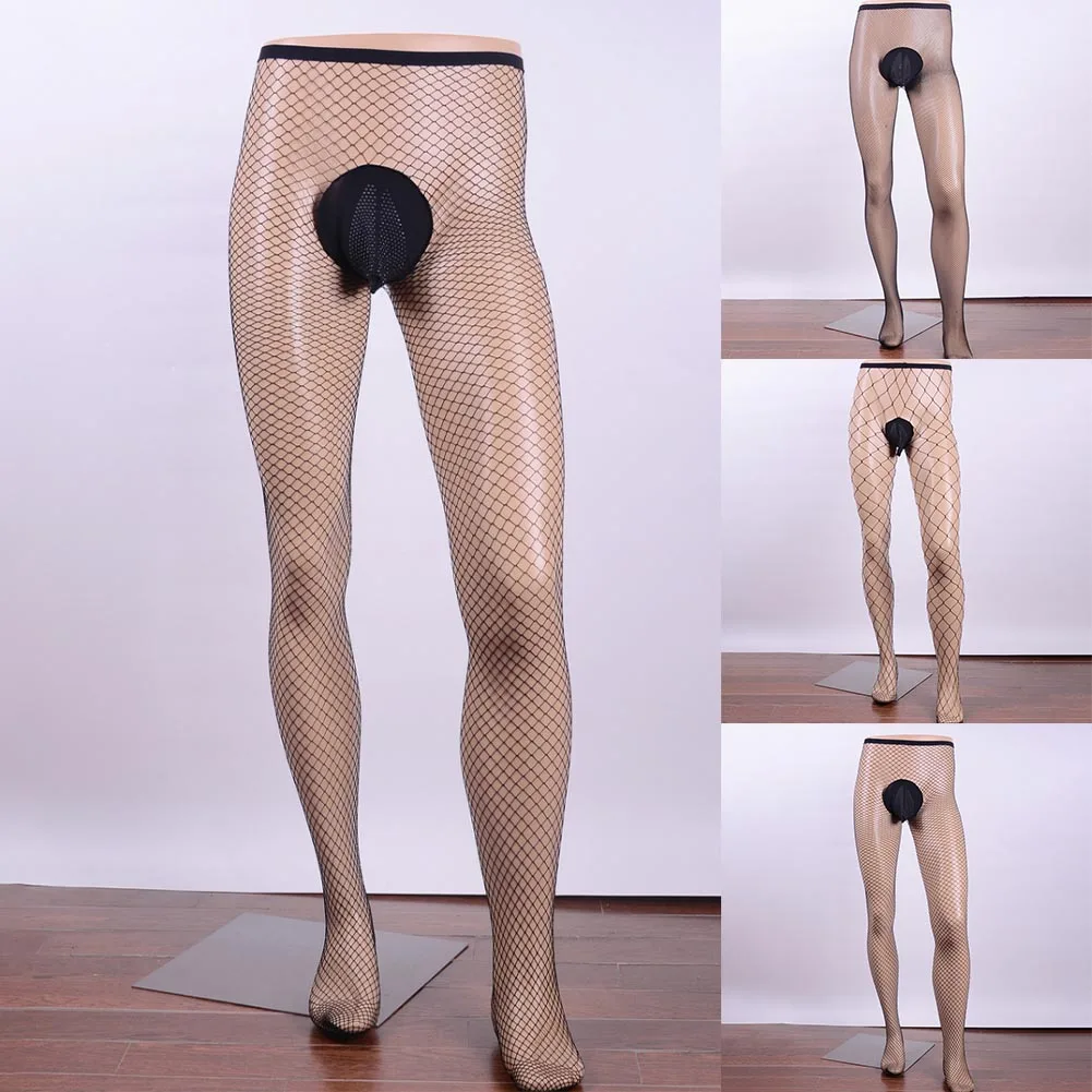 Men Sexy Fishnet Pantyhose Sissy Gay See Through Tights Fishnet Stockings Bulge Pouch Underwear Male Transparent Tights Leggings