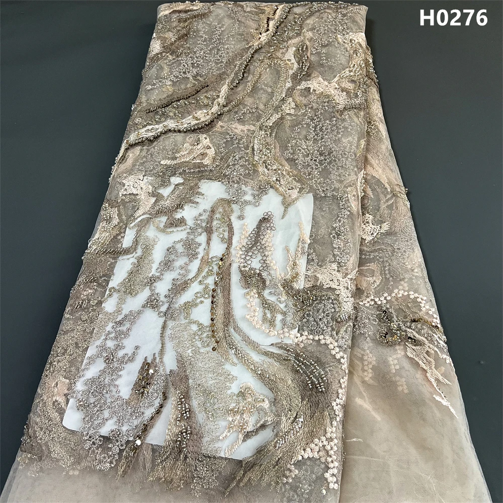 

African Voile Lace Fabric with Beads, Nigerian Tulle, Sequined, Popular Dubai Style, High Quality, 5 Yard, H0276, 2023