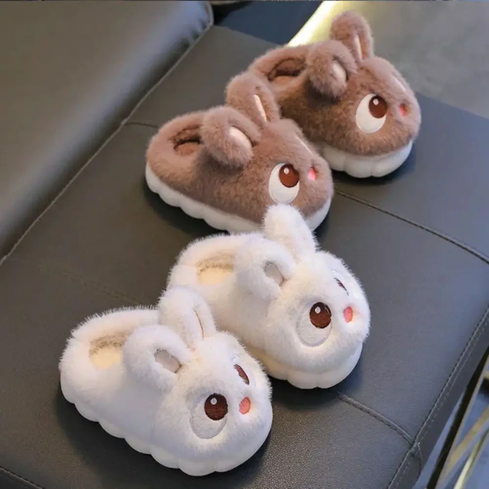 Flat Sole Comfortable Warm Rabbit Slippers Faux Fur Fluffy Children's Slippers Big Eyed Waterproof Winter Slippers Indoor Home