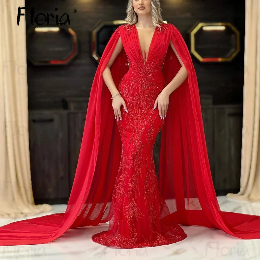 

Red Robe Soirée Female Long Cape Sleeves Gorgeous Beaded V Neck Prom Gowns for Wedding Party Custom Made Arabic Bride Dresses