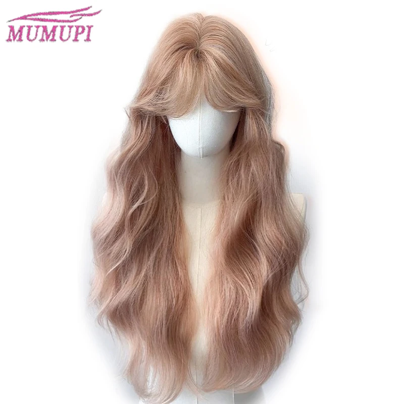 Pink gold wig for women with long curly hair and big waves Doll feeling Barbie roll daily versatile wool roll full head cover