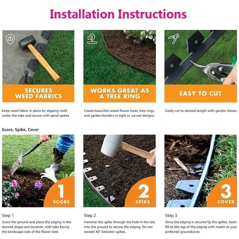 Plastic Edge Kit with 30 Anchoring Spikes, Fixed Garden Barrier, Lawn Grass, Edging Border, Landscape Edging, Easy Install, 10m