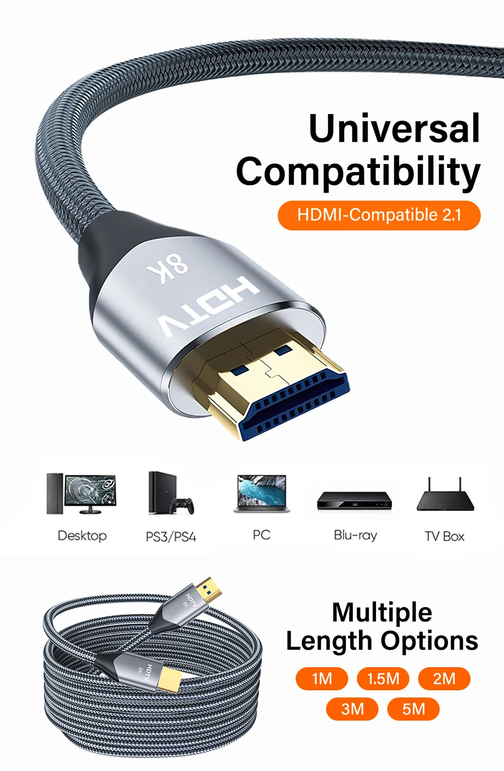 Сверхскоростной HDMI-кабель 2.1 8K 60 Гц HDMI-совместимый HD 4k @120 Гц ...
