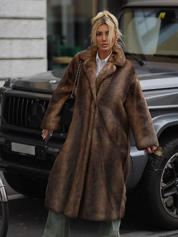 Women's Dark Brown Faux Fur Long Overcoat Single Breasted Fleece Long Trench Coat Winter Fluffy Plush Warm New Thicken Outerwear 2