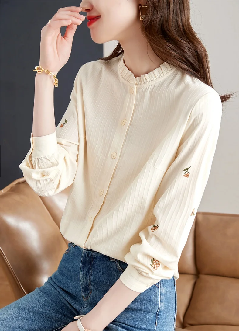 2023 Spring and Autumn Wooden Ear Edge Standing Neck Shirt Women's Design Sense Small Flower Embroidery Long Sleeve Top