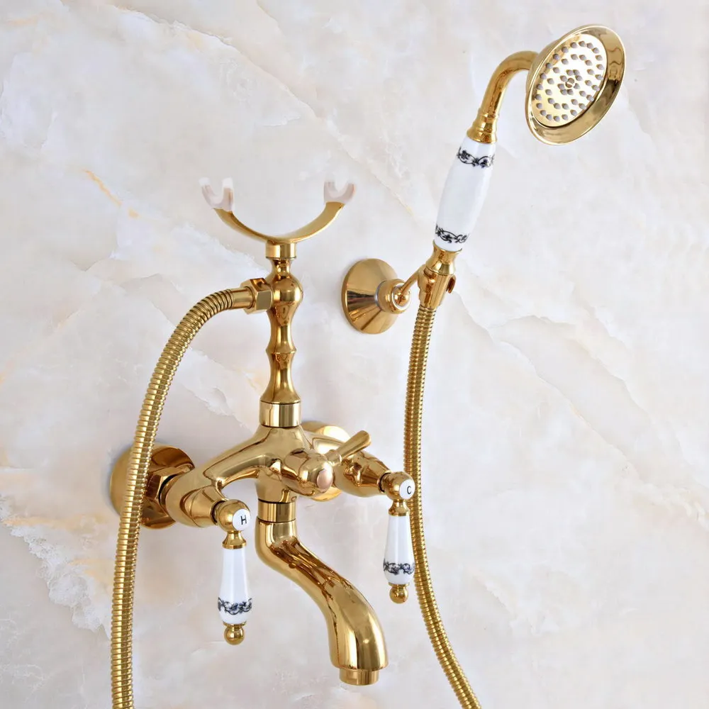 

Современный золотистый латунный настенный смеситель для ванной комнаты, набор с шлангом 150 см, ручной душ с распылителем, смеситель Dna958
