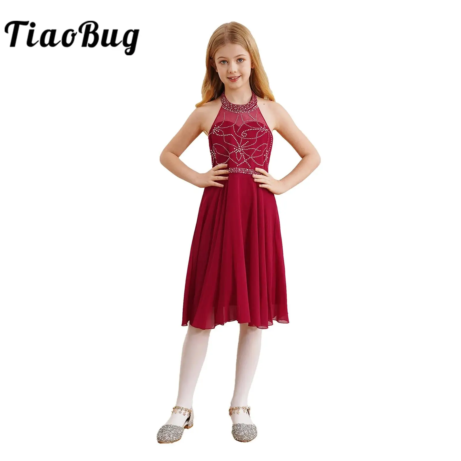 

Wedding Kids Dress for Girls 2024 Rhinestones Party Gown Halter Sleeveless Chiffon Dress for Birthday Homecoming Formal Wear