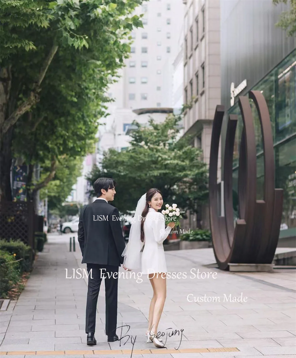 LISM Elegant Short Mini Korea Suit Wedding Dresses Customized Long Sleeve Puffy Vestidos De Novia Photo Shoot Bridal Party Gown 4