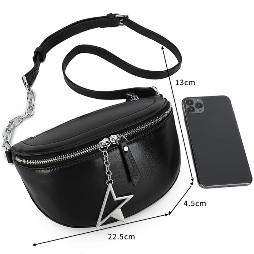Genuine Leather Waist Bag Casual Versatile Large Capacity Chest Bag Chain Cross-body Bag