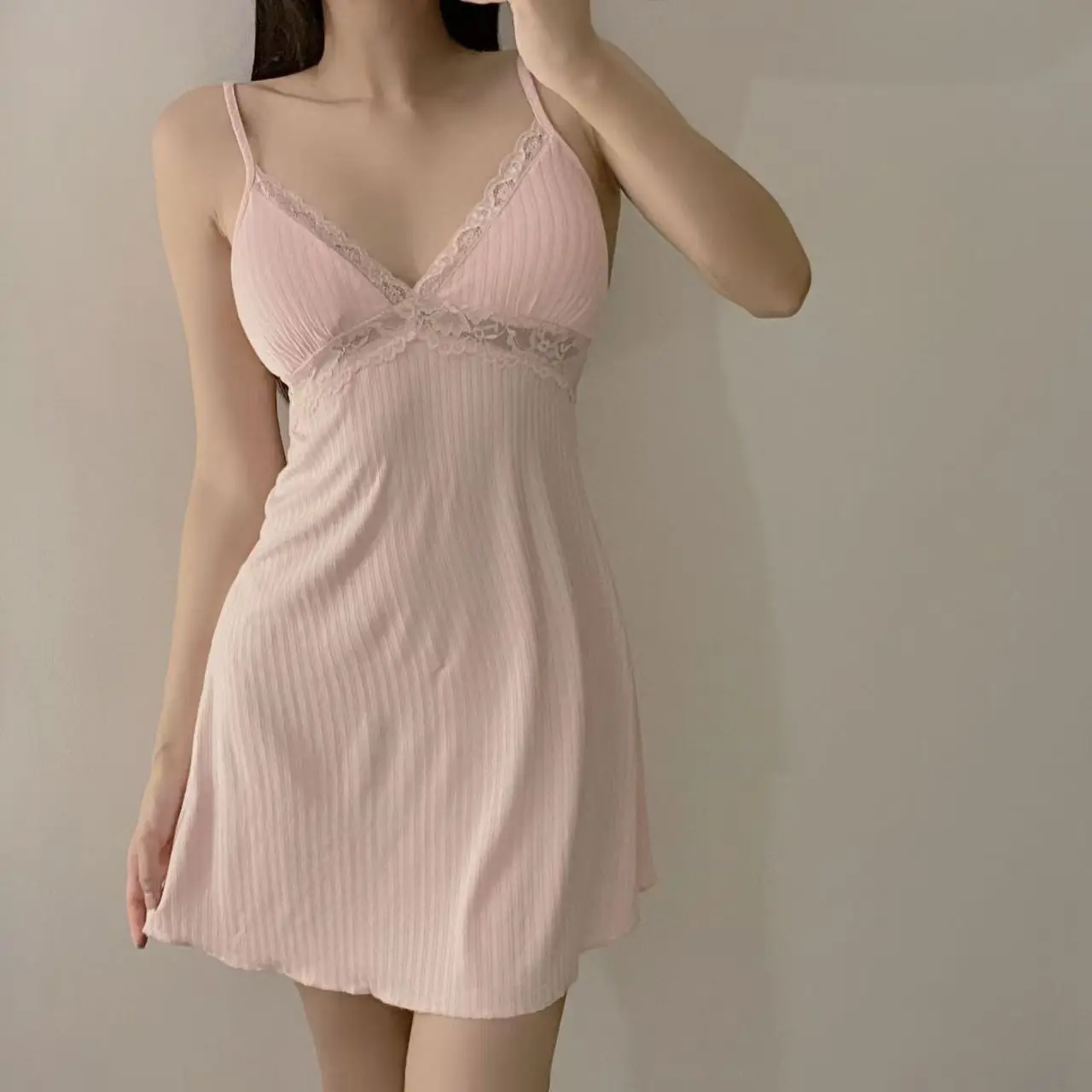 Womens Ribbed Knit Cami Dress Lace Trim V Neck Spaghetti Strap Mini Slip Nightgown Loungewear Casual Y2K Summer Sleep Dress Soft