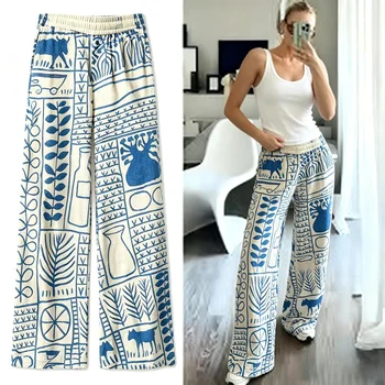 Women Bohemian Ethnic Geometric Animal Leaf Print Wide Leg Pants Elastic High Waist Loose Palazzo Trousers Casual Vacation Beach Flowy Long Pants
