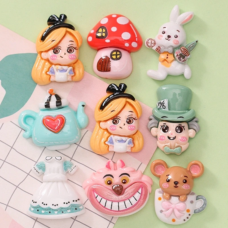 10Pcs New Cute Resin Cartoon Girl, Bunny, Teacup Mouse, Mushroom Flat back Scrapbooking DIY Jewelry Craft Decoration Accessories