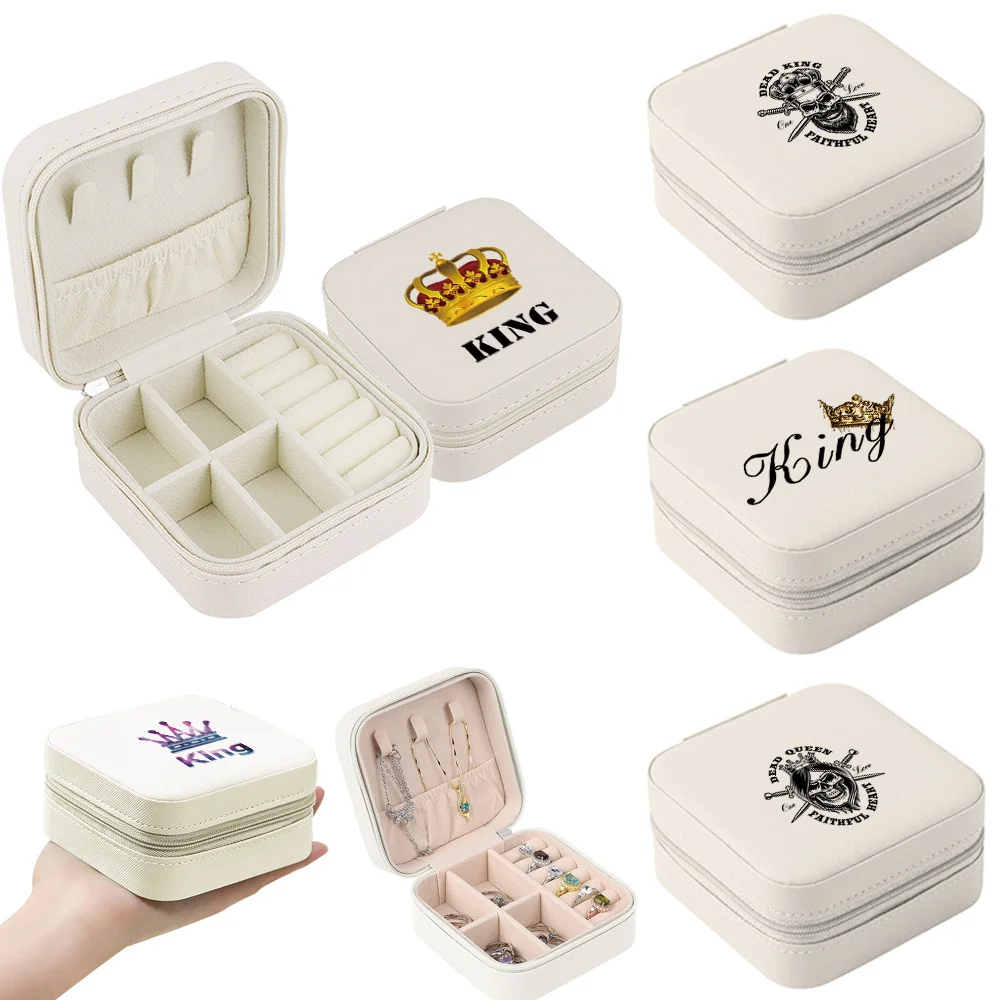 

Jewelry Bag Travel Portable Zipper Jewelry Storage Box Fashion King Print Leather Organizer Earrings Jewelry Storage Jewelry Box
