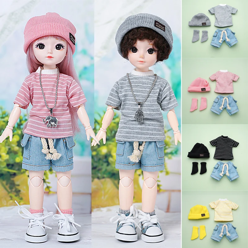 

30cm BJD Doll Clothes Striped Sweater Denim Pants Socks Hats 4 Point Set for 1/6 BJD Yosd 12inch Doll Suit Accessories