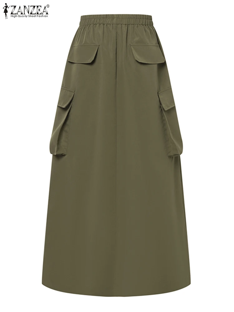 ZANZEA-Jupe Longue Cargo Vintage pour Femme, Tenue Élégante de Bureau, Grandes Poches, Taille artificiel astique, Streetwear, Automne 2024