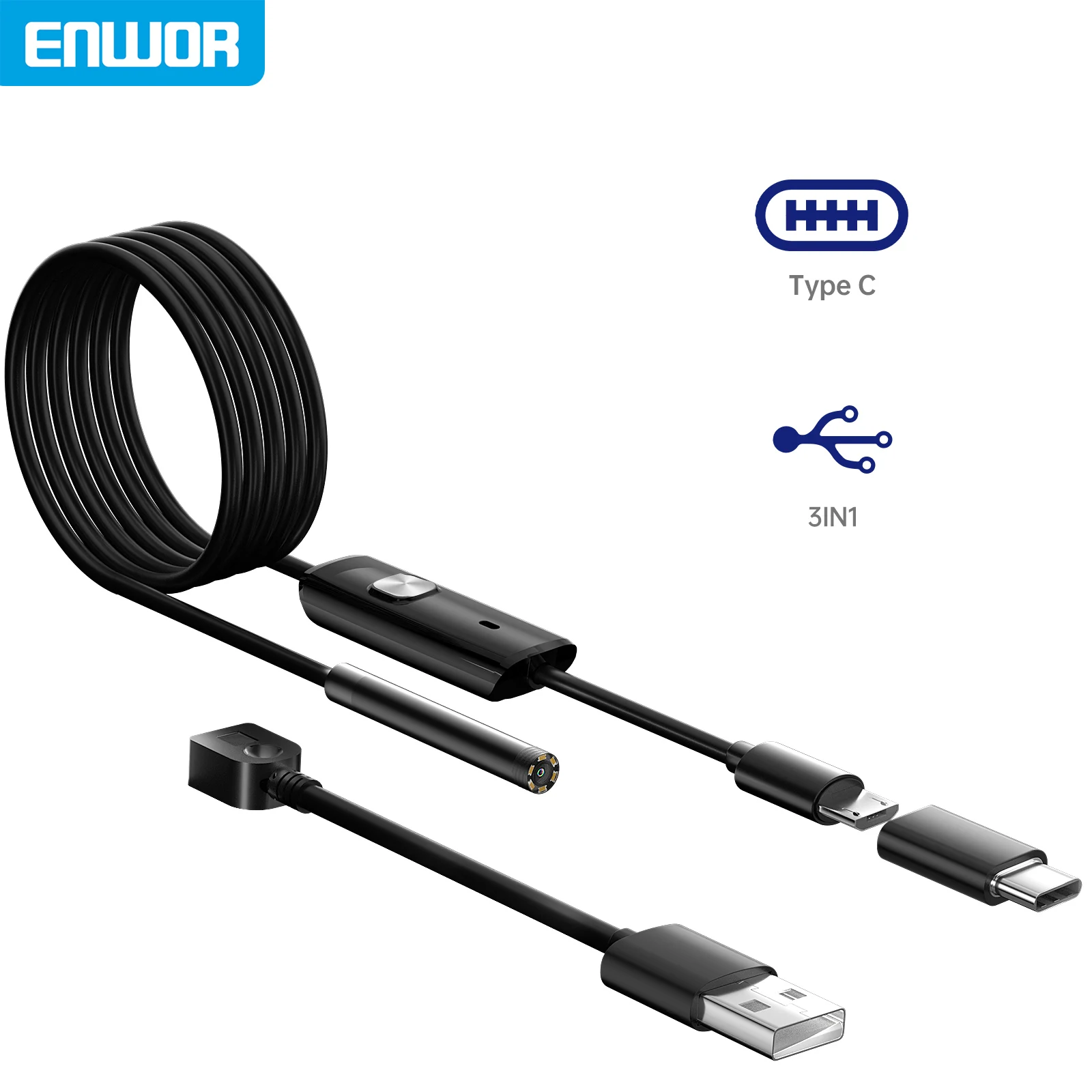 ENWOR-산업용 내시경 카메라, IP67 방수, 5.5mm, 7mm, 3in 1, 안드로이드 폰용, PC, USB, 내시경 카메라, 6led 조절 가능