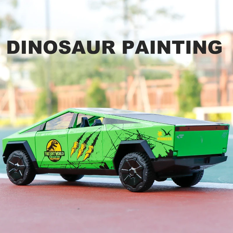

1:24 Tesla JURASSIC PERIOD Pickup Alloy Car Model Simulation Diecast Metal Toy Vehicle Sound and Light Model Collection Kid Gift