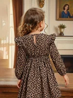 Robe décontractée pour filles avec imprimé léopard, manches longues, col goutte d'eau, petites manches bouffantes, plis à volants, tendance et simple, convient aux enfants de 3 à 10 ans, vêtements polyvalents pour diverses occasions estivales 2
