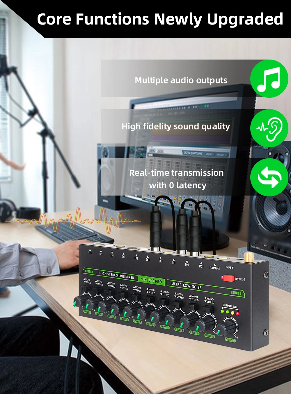 10Channel Audio Mixer Low Noise Stereo Mono Line Mixer 6.35mm TRS/TS Input Type-C Audio Processor for Guitar Bass Keyboard Stage