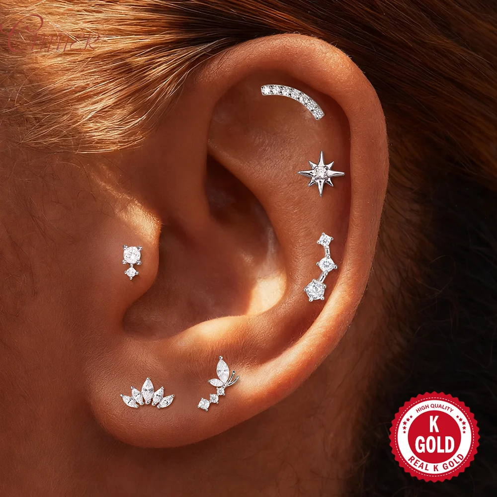 캐너 14K 솔리드 골드 기하학적 지르콘 나비/별 피어싱 귀걸이 여성용 미니멀리..