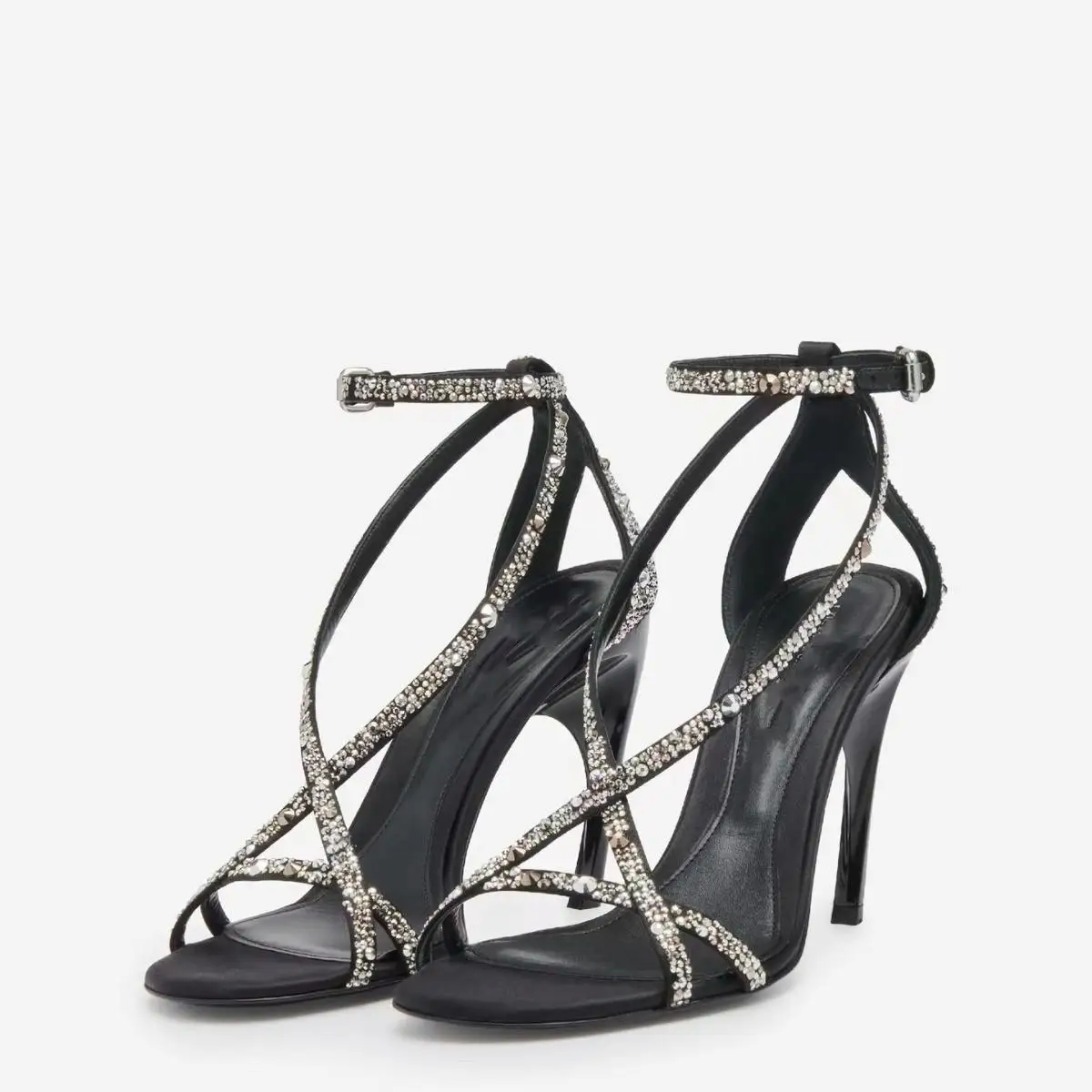 New Round Head Rhinestones with A Straight Buckle and Irregular Heel, Exposed Toe High Heels, Fashionable Large Hollow Sandals