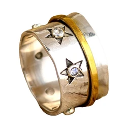 Star Moonstone Rotatable Metal Alloy Finger Fidget Spinner Ring for Men Women Relief Anxiety Jewelry Gold Color Wide Ring