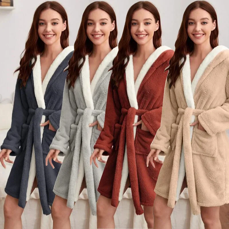 Women's Fall/Winter Hooded Bathrobe Fashion Simple and Comfortable Home Bathrobe Long Sleeve Color Contrast Thermal Bathrobe