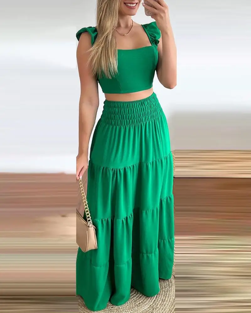 

Ruffled Short Top and Skirt Set Chic Fashion Summer Daily Woman Casual Sexy High Style Form-fitting Pleated Decoration