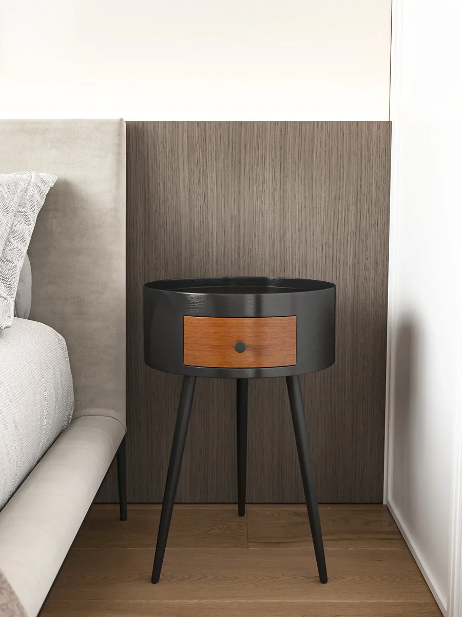 Nordic Style Wooden Nightstand, Bedside Table with Simple Drawer, Small Round Coffee Table for Bedroom, Corner Table, End
