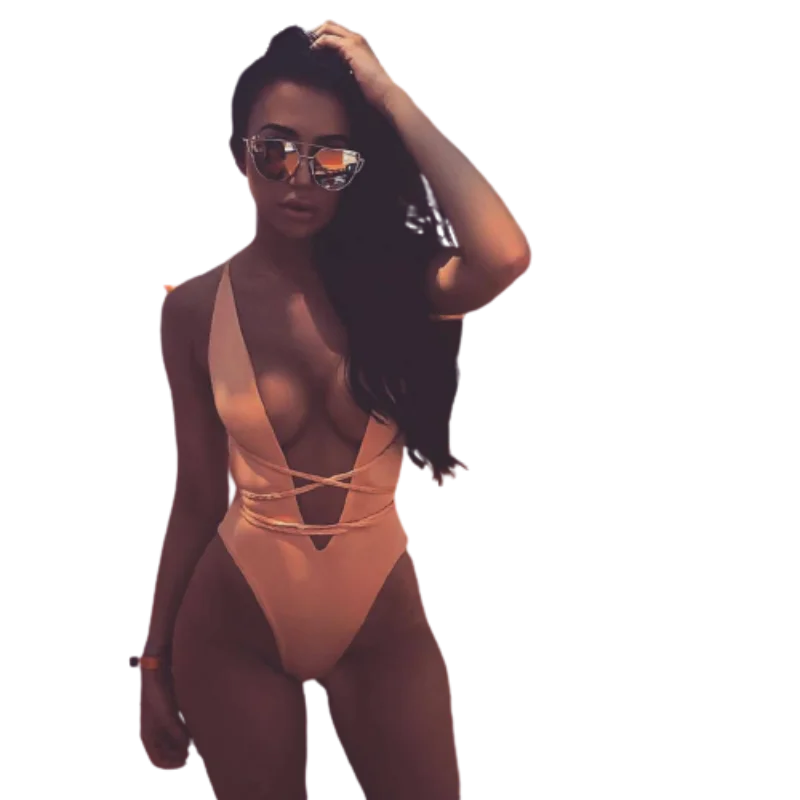 

2023 New Women's Deep V-neck One-piece Swimsuit Sexy Woven Bandage European and American Bikini